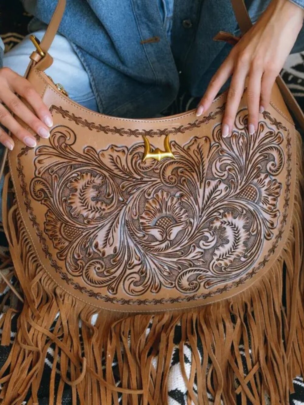 Western Lulella Hand tooled Leather Fringe Crossbody - Picture 3 of 8